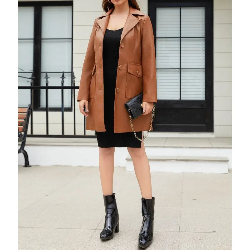 2025 New Long Leather Jacket Spring Long-sleeved Leather Trench Coat Fashionable British Jacket Women's Lapel Single-breasted
