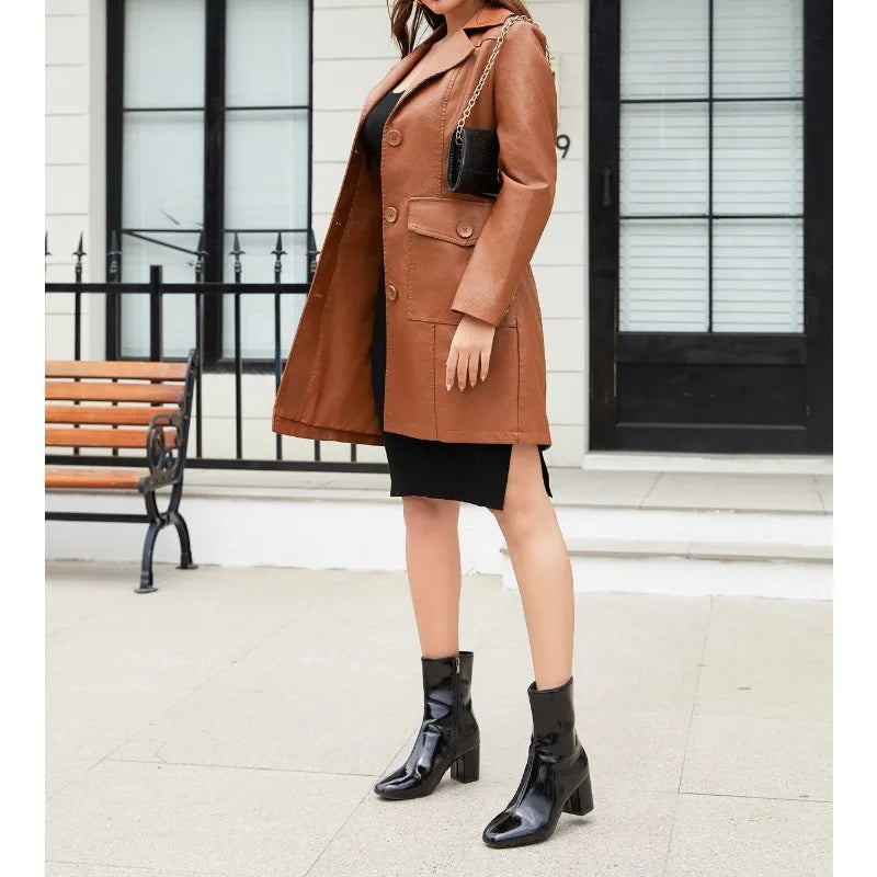 2025 New Long Leather Jacket Spring Long-sleeved Leather Trench Coat Fashionable British Jacket Women's Lapel Single-breasted
