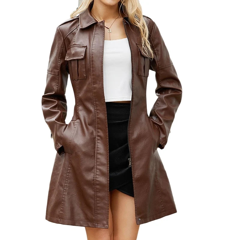 Leather Clothing Women's Fashion Solid Color Lapel Zipper Slim Long Sleeve with Belt Faux Leather Elegant Office Street Jacket
