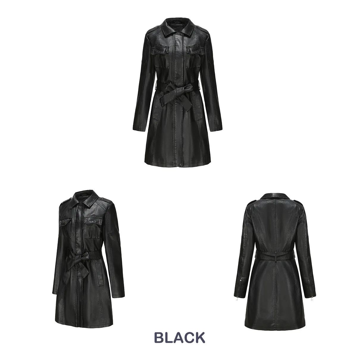 Leather Clothing Women's Fashion Solid Color Lapel Zipper Slim Long Sleeve with Belt Faux Leather Elegant Office Street Jacket