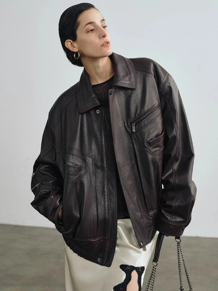 Vintage Genuine Leather Motorcycle Jackets for Women Spring Autumn 2026 New High-end Solid Simple Loose Soft Real Sheepskin Coat