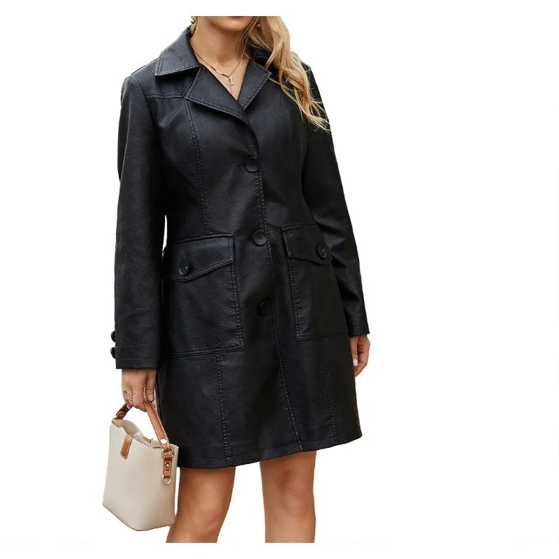 2025 New Long Leather Jacket Spring Long-sleeved Leather Trench Coat Fashionable British Jacket Women's Lapel Single-breasted