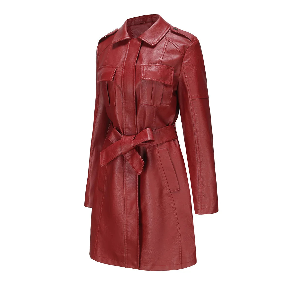 Leather Clothing Women's Fashion Solid Color Lapel Zipper Slim Long Sleeve with Belt Faux Leather Elegant Office Street Jacket