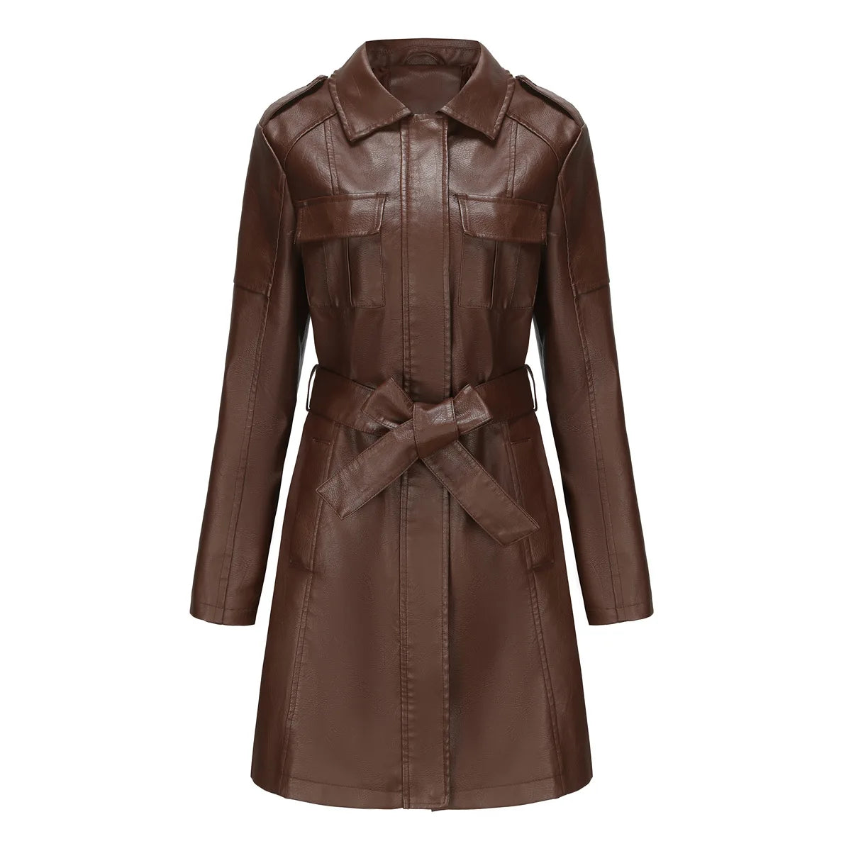 Leather Clothing Women's Fashion Solid Color Lapel Zipper Slim Long Sleeve with Belt Faux Leather Elegant Office Street Jacket