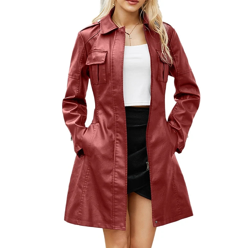 Leather Clothing Women's Fashion Solid Color Lapel Zipper Slim Long Sleeve with Belt Faux Leather Elegant Office Street Jacket