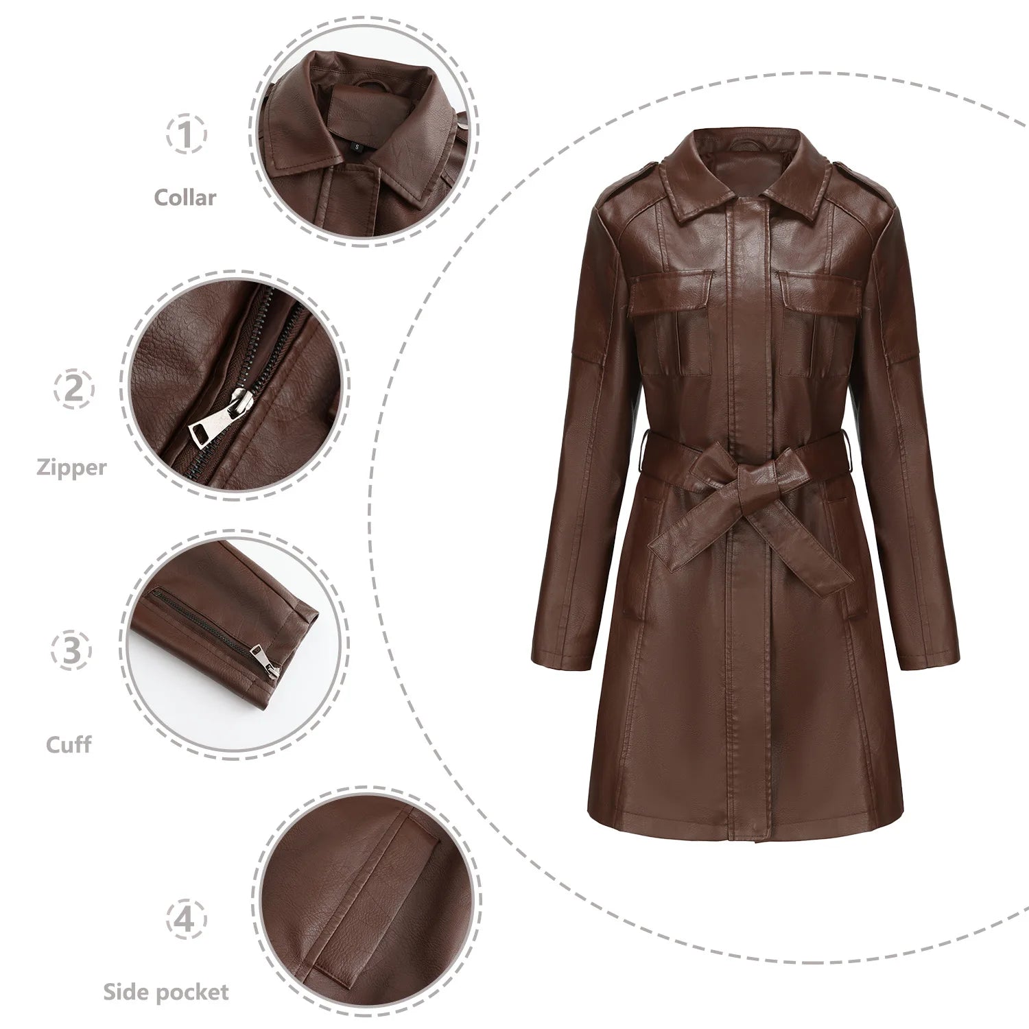 Leather Clothing Women's Fashion Solid Color Lapel Zipper Slim Long Sleeve with Belt Faux Leather Elegant Office Street Jacket