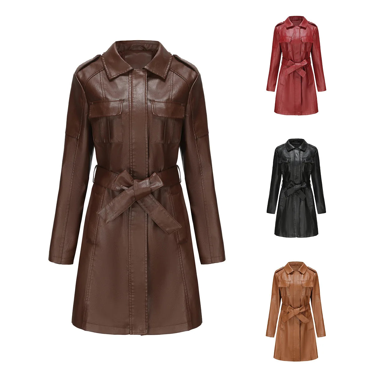 Leather Clothing Women's Fashion Solid Color Lapel Zipper Slim Long Sleeve with Belt Faux Leather Elegant Office Street Jacket