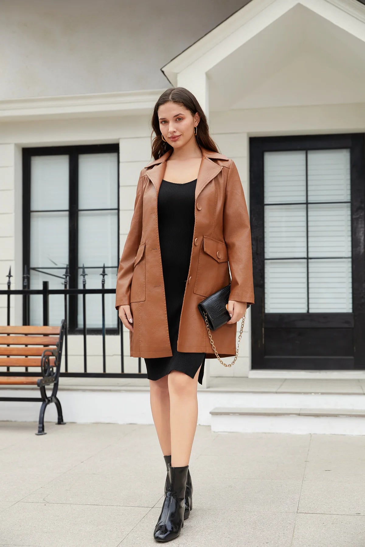 2025 New Long Leather Jacket Spring Long-sleeved Leather Trench Coat Fashionable British Jacket Women's Lapel Single-breasted