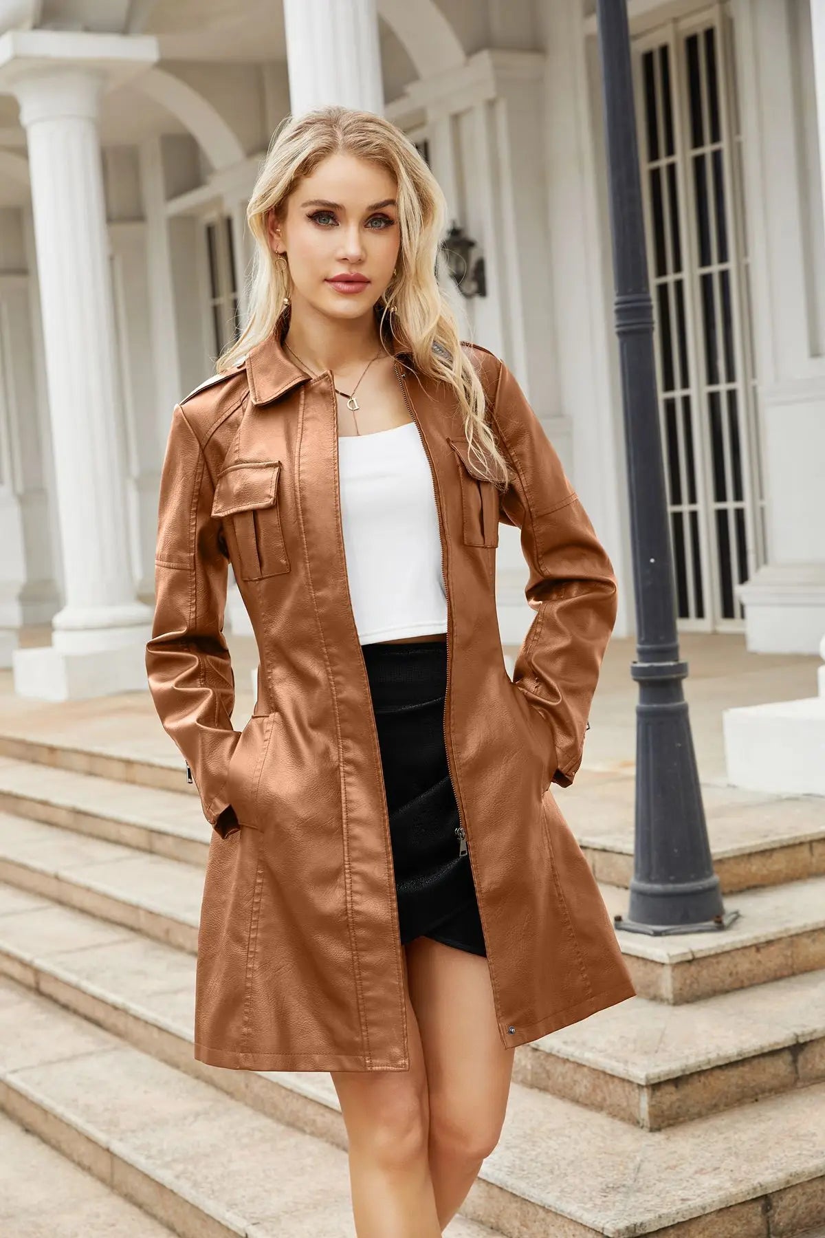 Leather Clothing Women's Fashion Solid Color Lapel Zipper Slim Long Sleeve with Belt Faux Leather Elegant Office Street Jacket