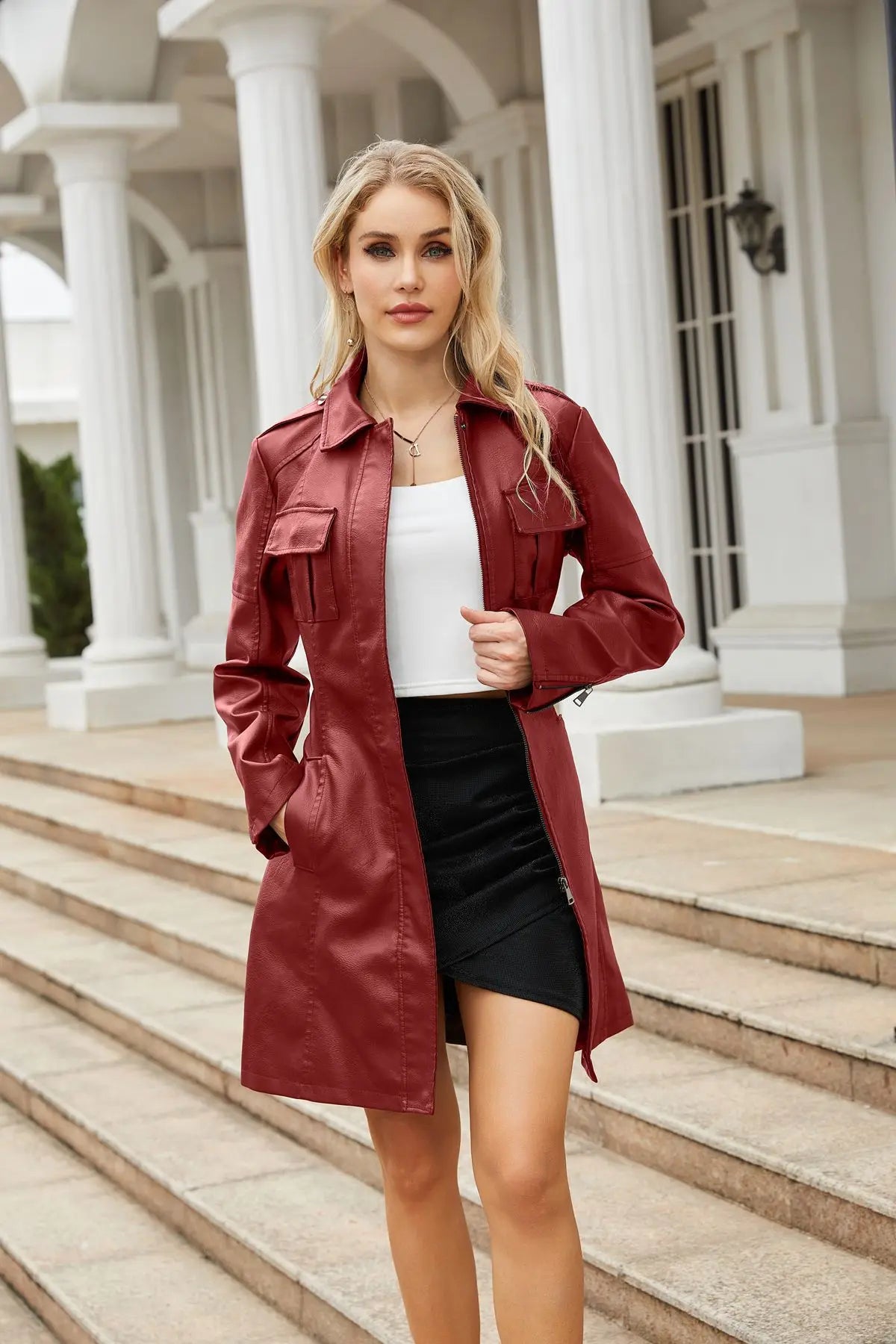 Leather Clothing Women's Fashion Solid Color Lapel Zipper Slim Long Sleeve with Belt Faux Leather Elegant Office Street Jacket