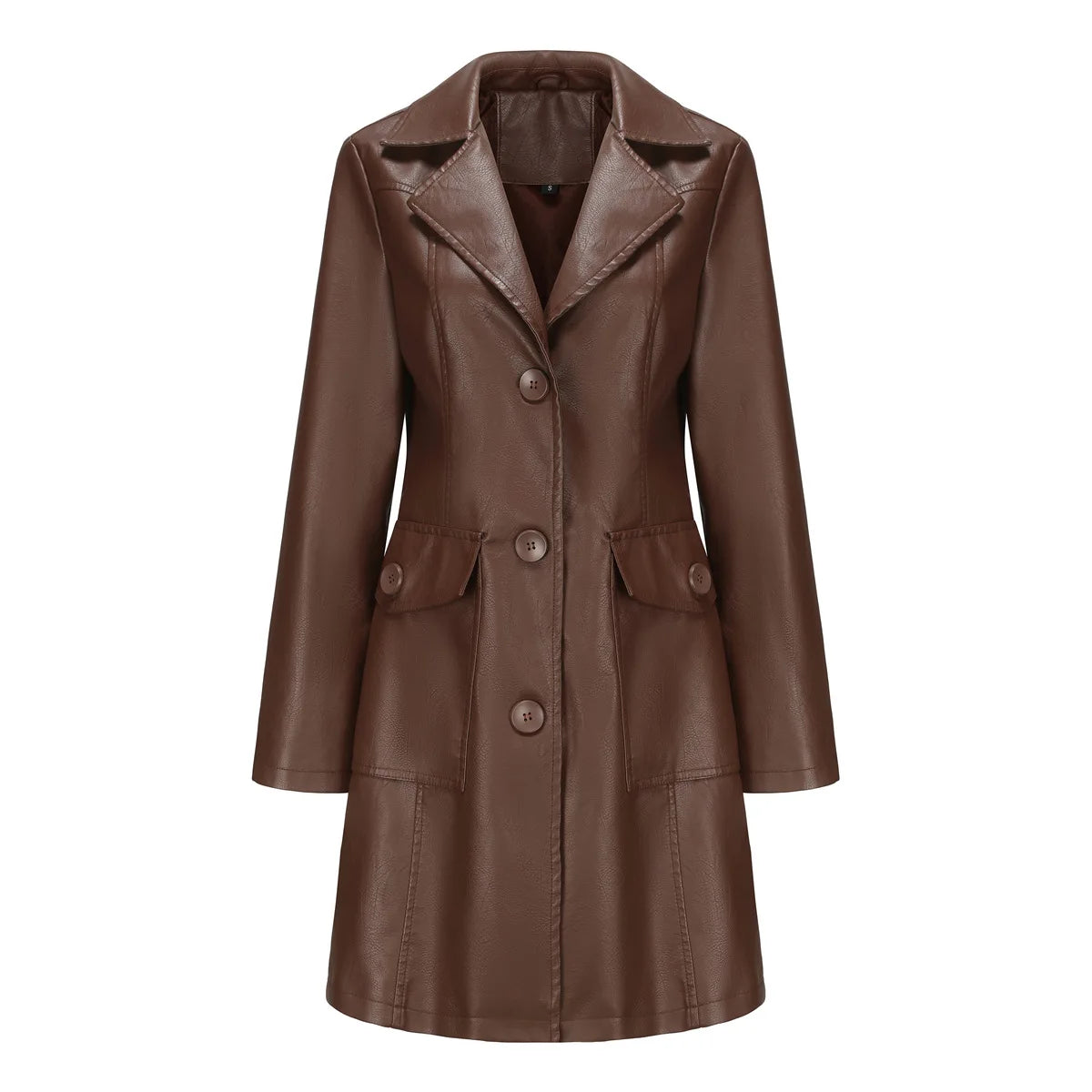 2025 New Long Leather Jacket Spring Long-sleeved Leather Trench Coat Fashionable British Jacket Women's Lapel Single-breasted