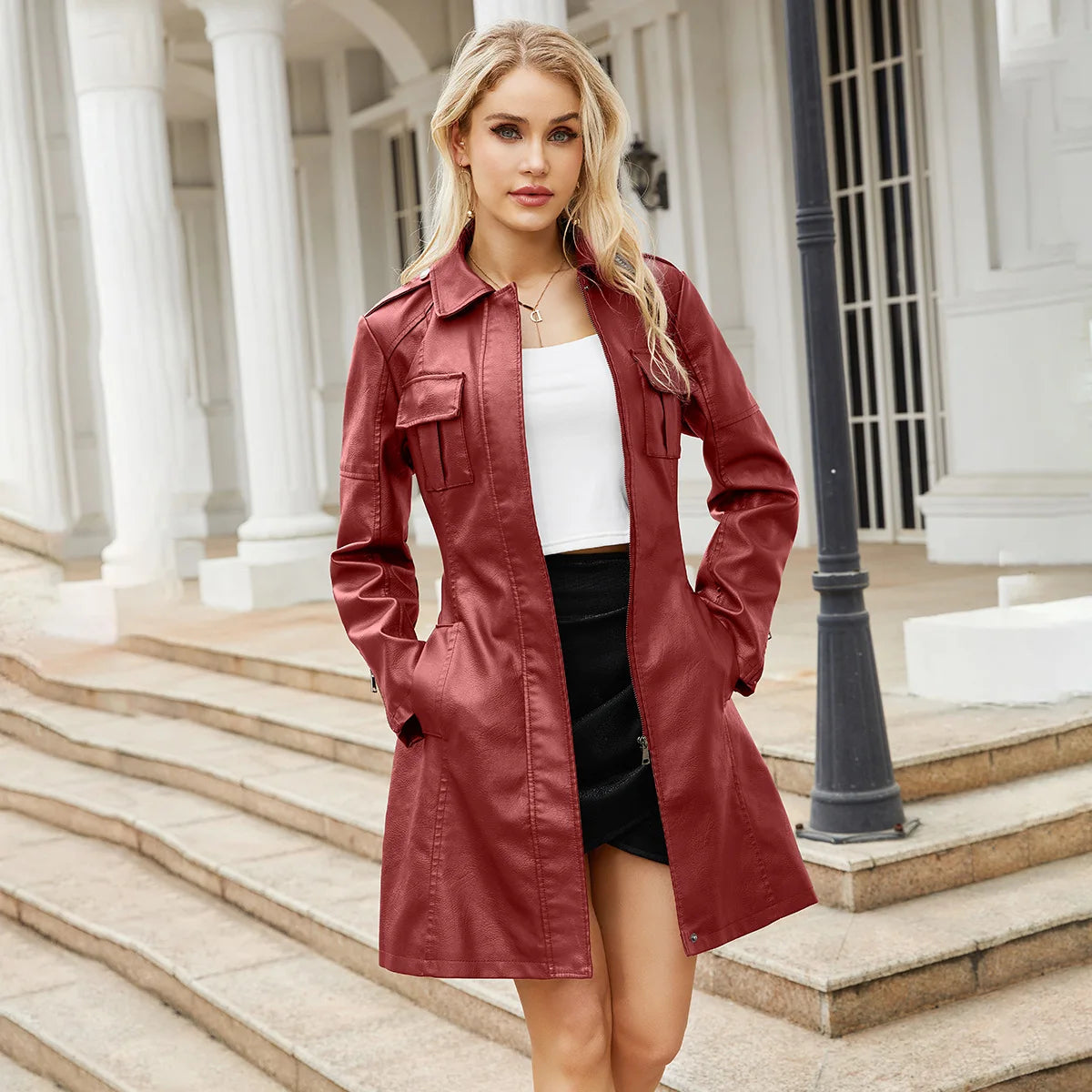 Leather Clothing Women's Fashion Solid Color Lapel Zipper Slim Long Sleeve with Belt Faux Leather Elegant Office Street Jacket