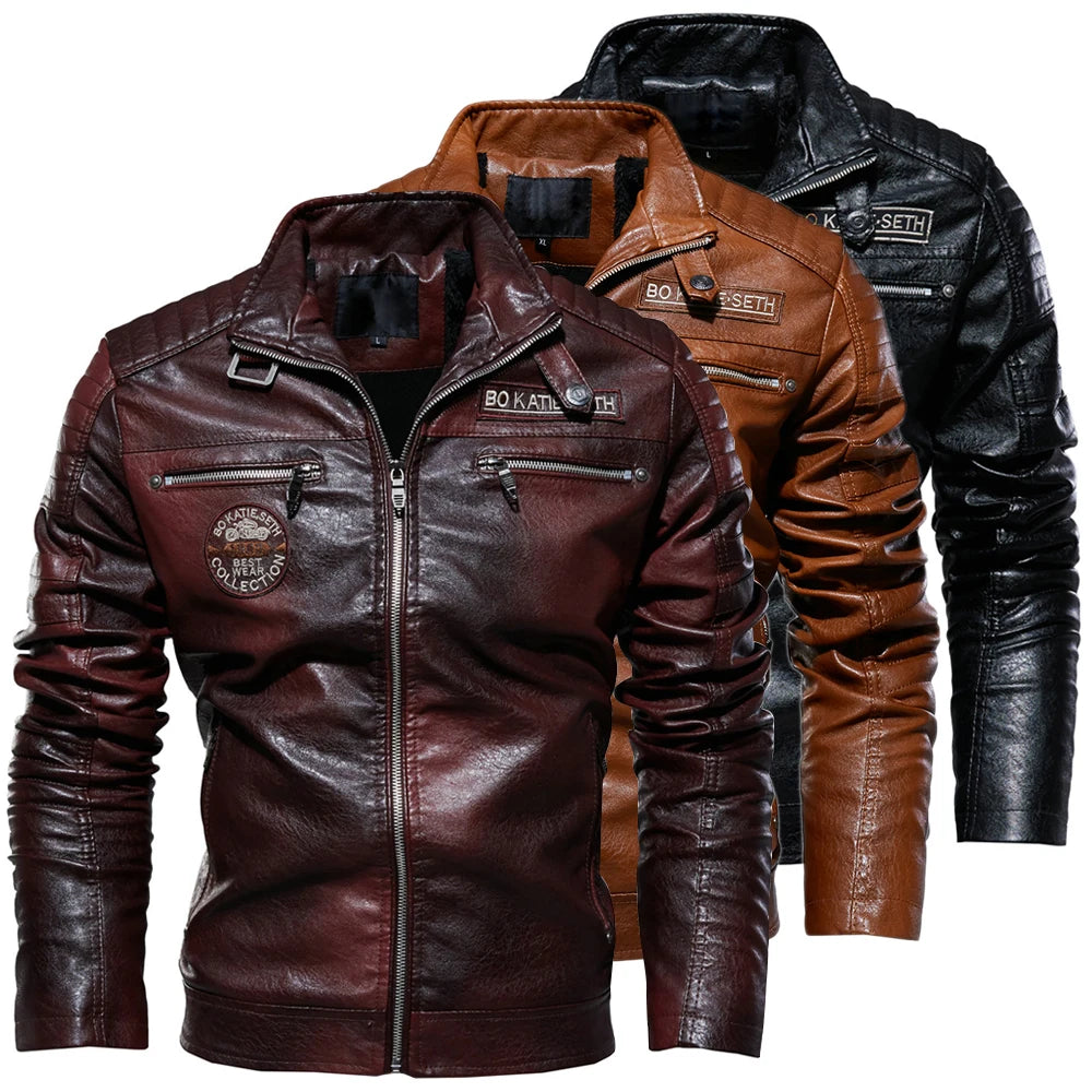 Leather Jacket Men Winter Fleece Motorcycle