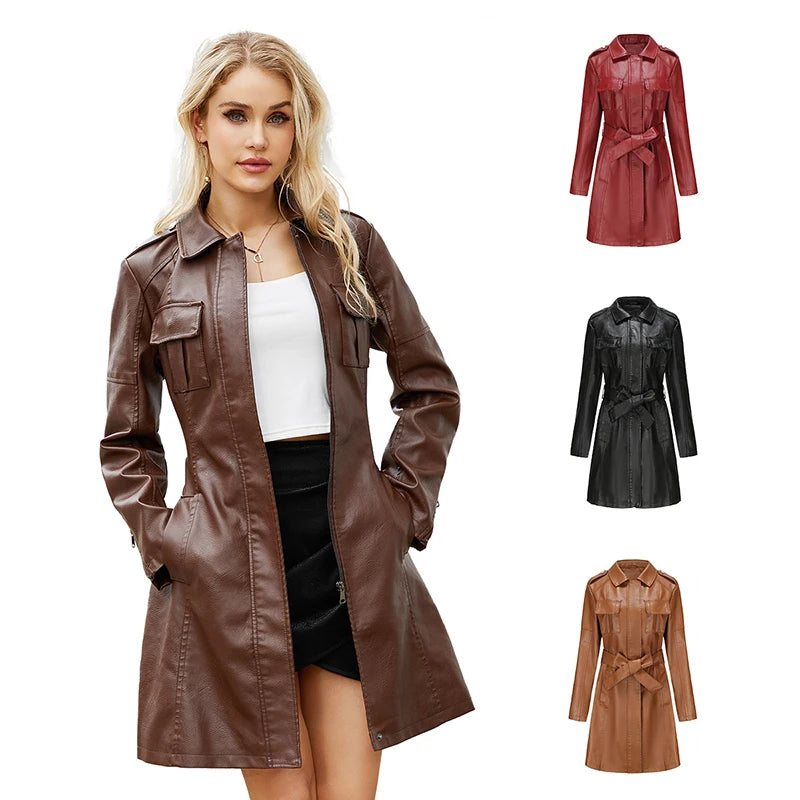 Leather Clothing Women's Fashion Solid Color Lapel Zipper Slim Long Sleeve with Belt Faux Leather Elegant Office Street Jacket
