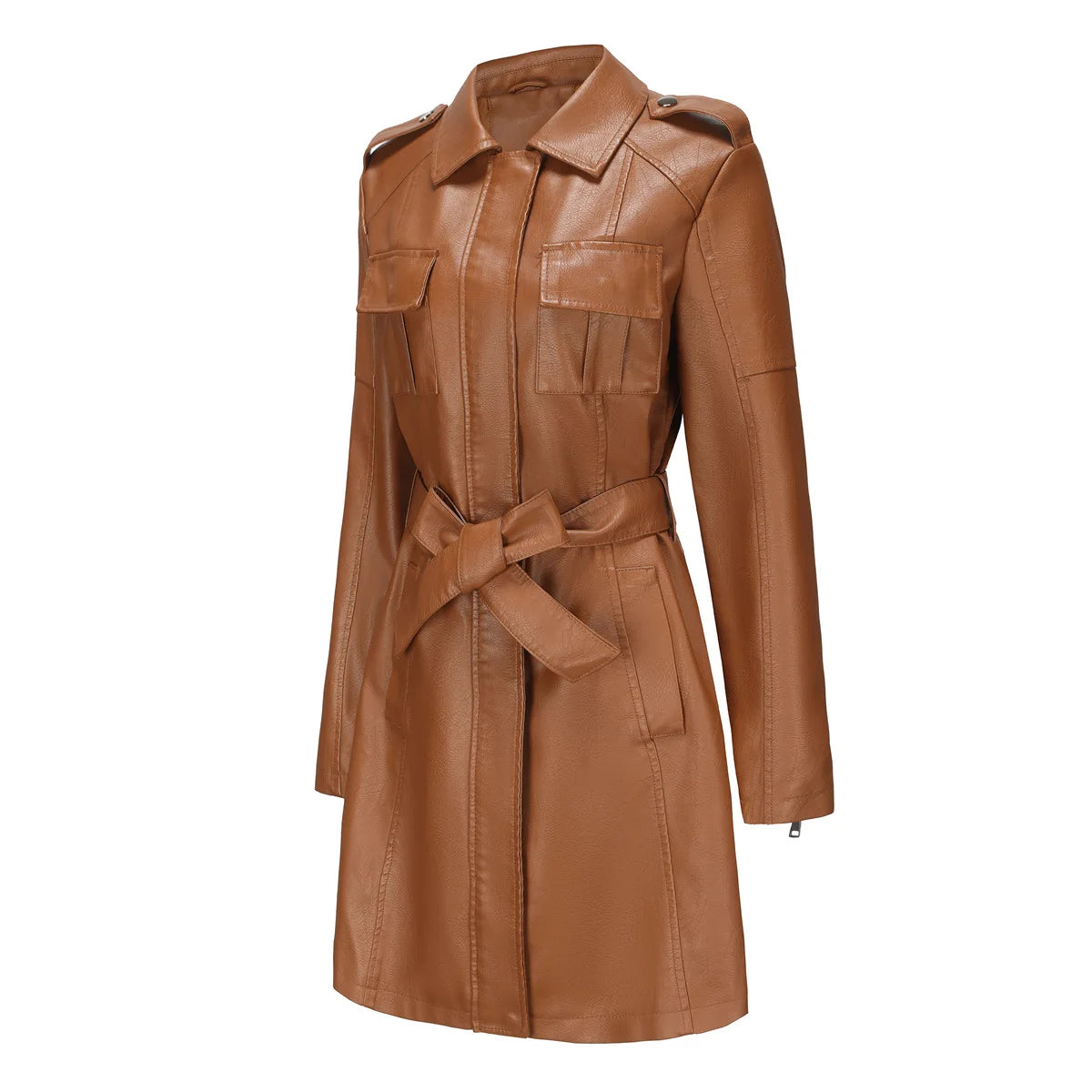 Leather Clothing Women's Fashion Solid Color Lapel Zipper Slim Long Sleeve with Belt Faux Leather Elegant Office Street Jacket