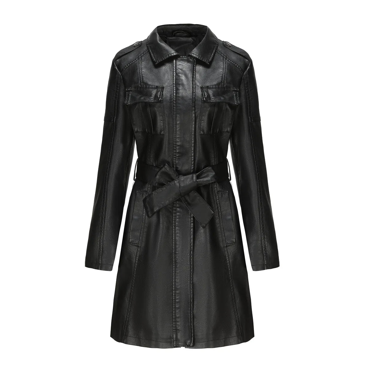 Leather Clothing Women's Fashion Solid Color Lapel Zipper Slim Long Sleeve with Belt Faux Leather Elegant Office Street Jacket
