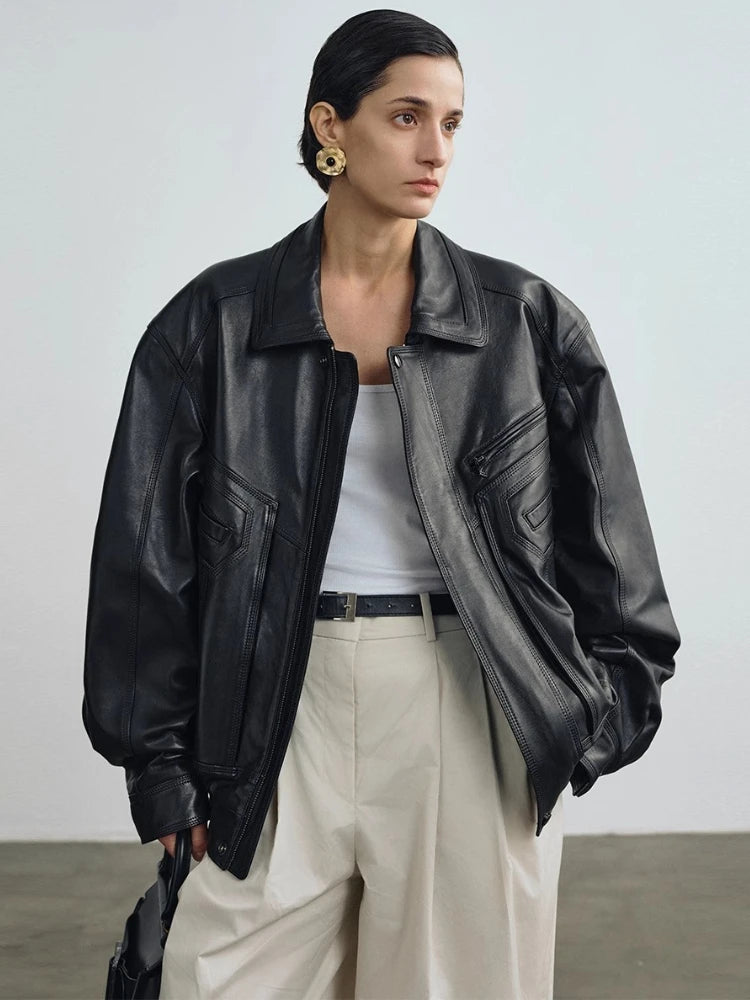 Vintage Genuine Leather Motorcycle Jackets for Women Spring Autumn 2026 New High-end Solid Simple Loose Soft Real Sheepskin Coat