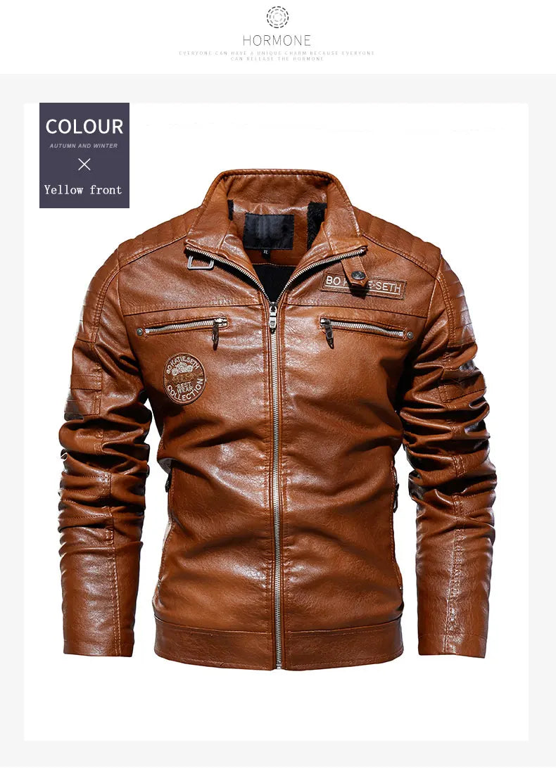Leather Jacket Men Winter Fleece Motorcycle