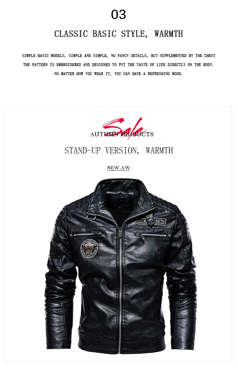 Leather Jacket Men Winter Fleece Motorcycle