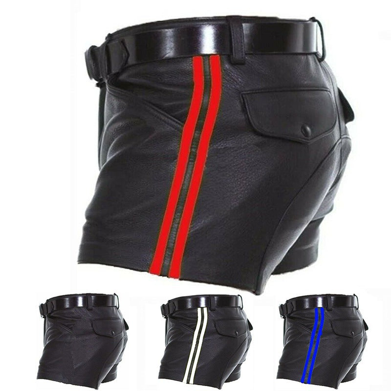 Multi-Color PU Stripe Casual Short Leather Pants