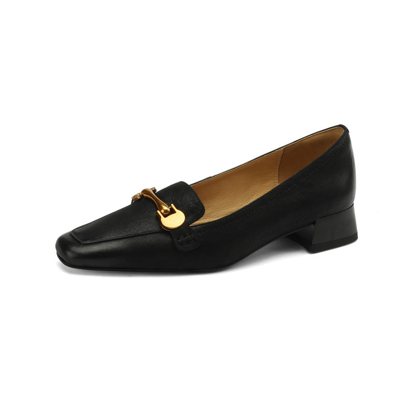 Spring And Autumn New Retro Square Toe Leather Shoes For Women