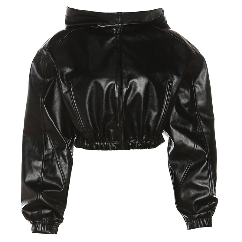 Zipper Slim Fit Hooded Faux Leather Coat For Women