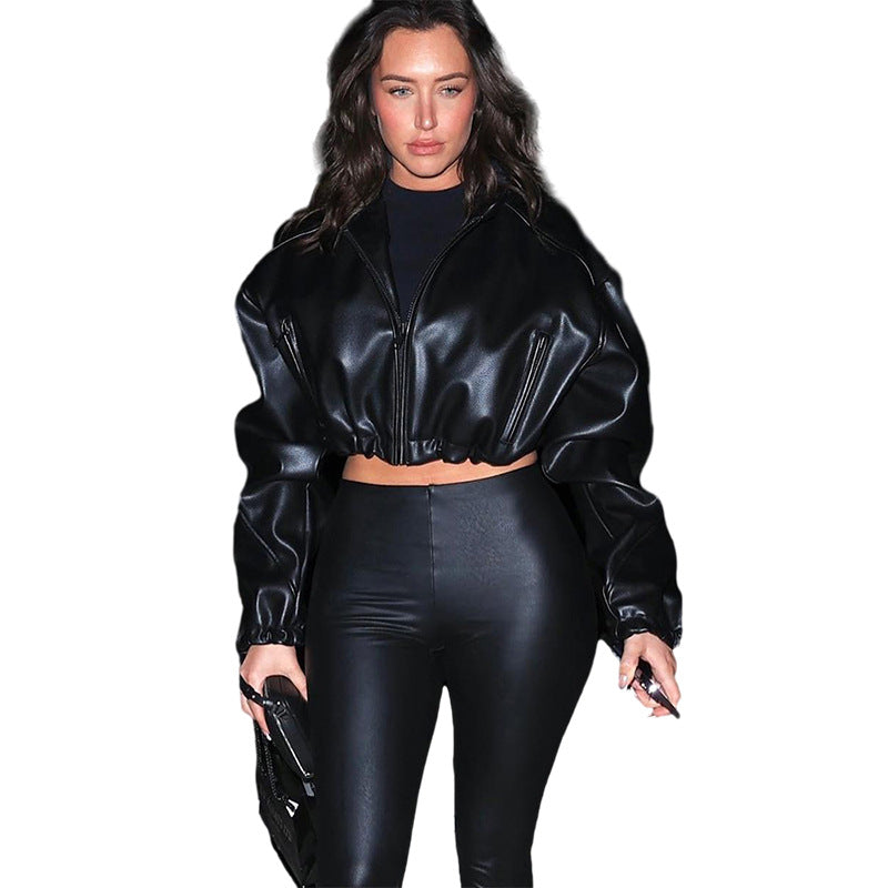 Zipper Slim Fit Hooded Faux Leather Coat For Women