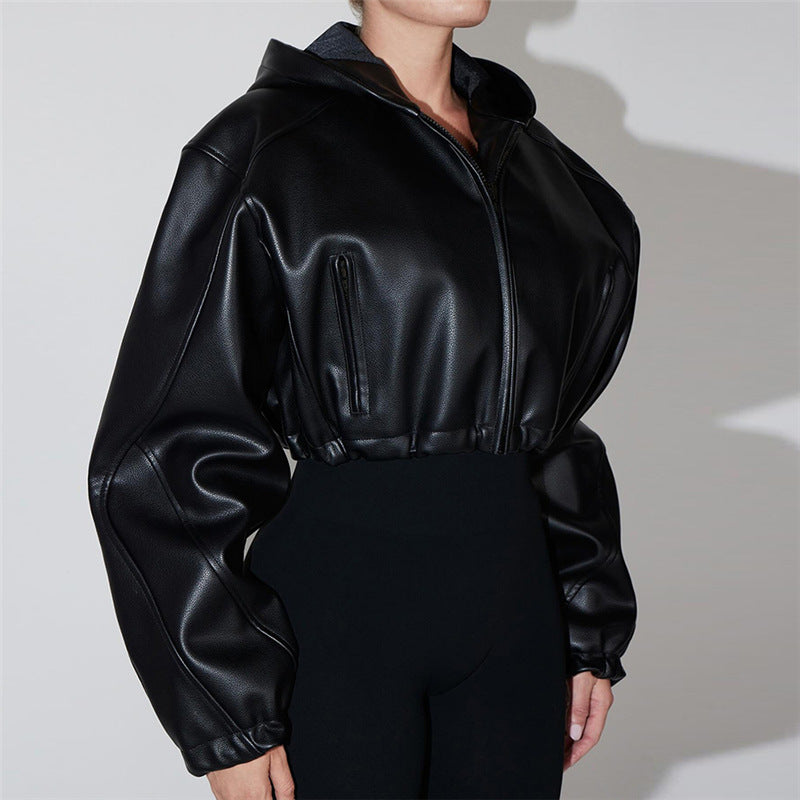 Zipper Slim Fit Hooded Faux Leather Coat For Women